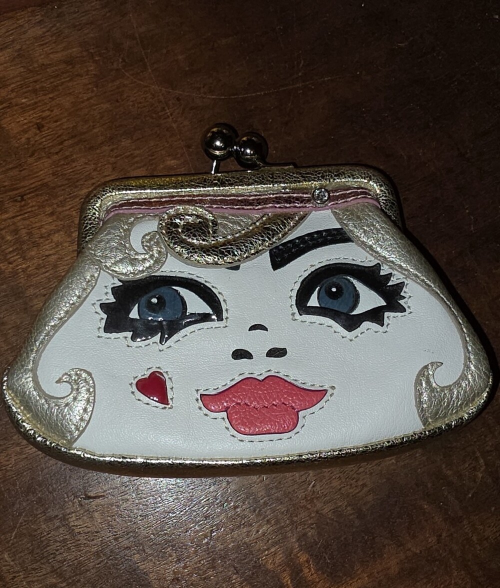 Vintage Brighton Artful Face Kiss-Lock Coin Purse Pouch Gold White Metal Clasp